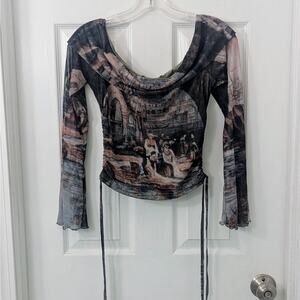 SHEIN Mesh Ruched Crop Top – Renaissance Print – Size M (US 6)